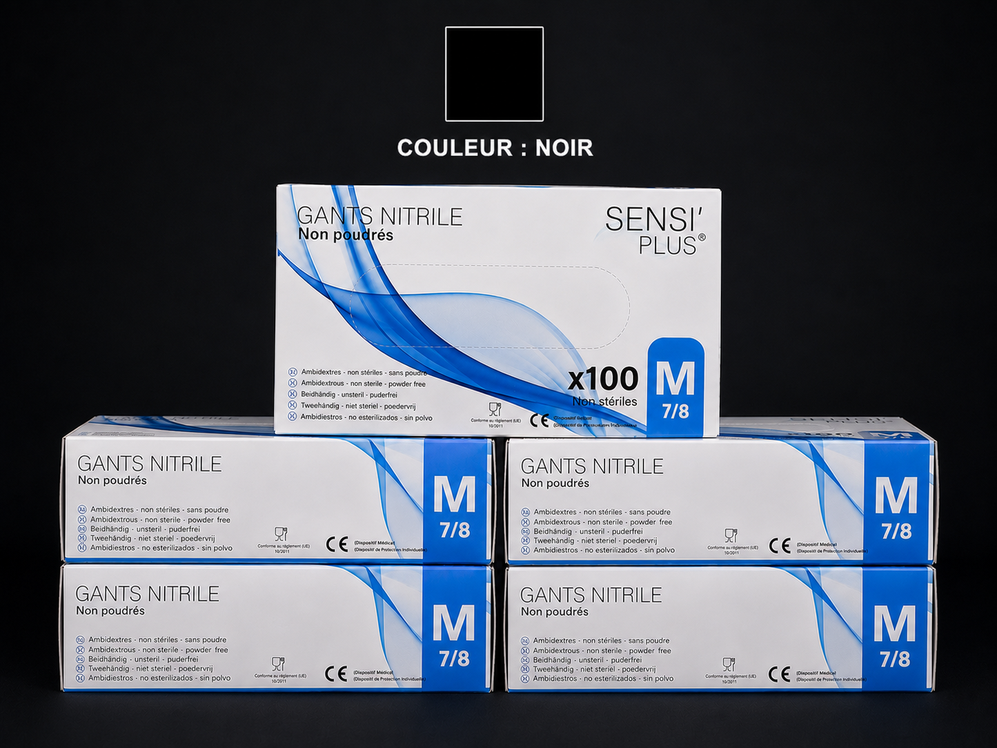 Lot de 10 Boites de Gants d'Examen Nitrile Non Poudrés Sensi'Plus Noir
