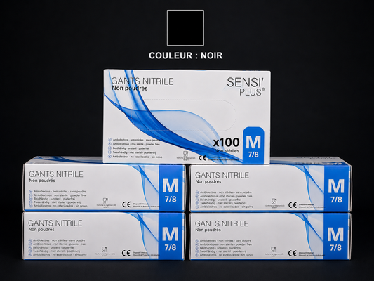 Lot de 10 Boites de Gants d'Examen Nitrile Non Poudrés Sensi'Plus Noir
